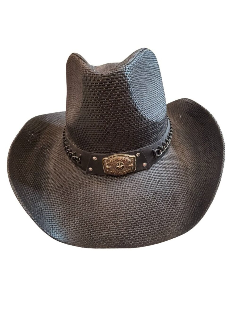 NWOT Milani Black Straw Cowboy Hat Western Texas Star Chain Band